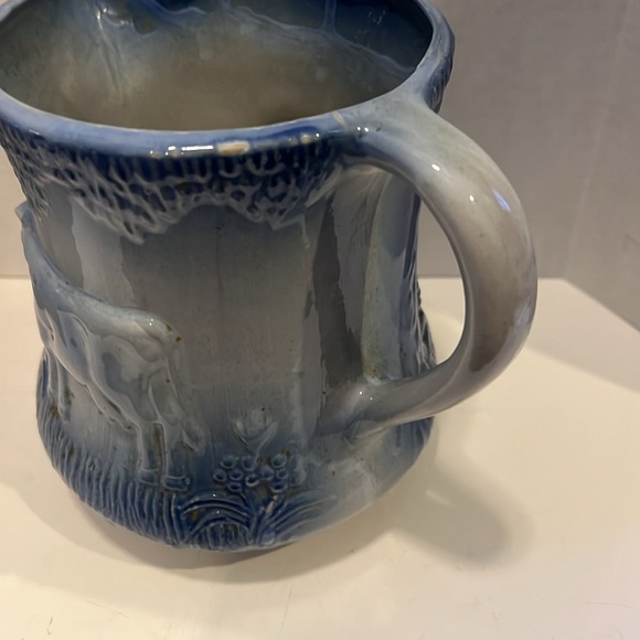 Vintage Blue White Pitcher w 3D Cow Ironstone Stoneware Pottery - Picture 2 of 14